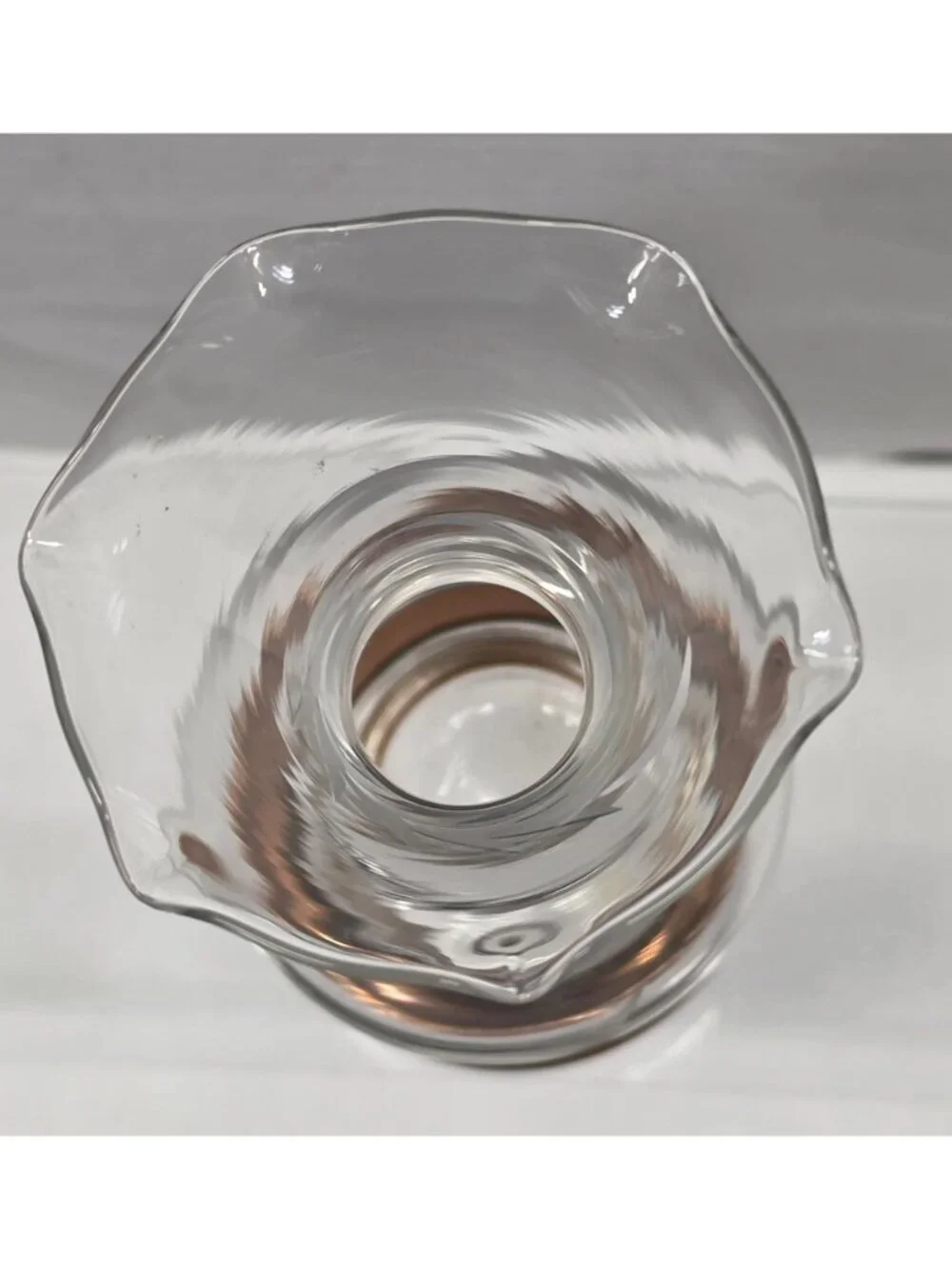 Vintage Clear Glass Bud Vase Ruffled Rim Etched Leaf Copper Tone Base 6